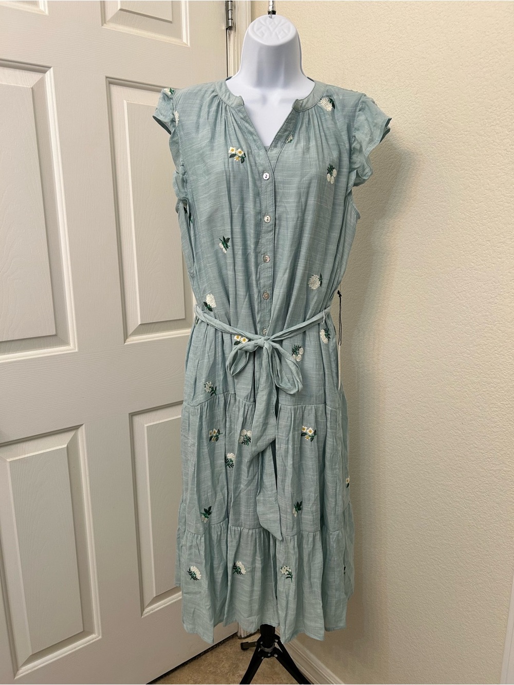 NWT Light Blue Floral-Embroidered Midi Dress with Self-Tie Waist